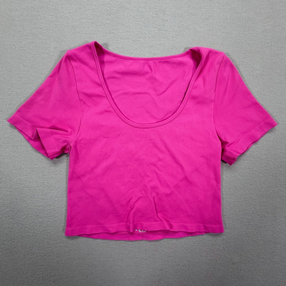 OQQ Women T-Shirt Slim Hot Pink‎ Ribbed Seamless Scoop Neck Crop Top Medium